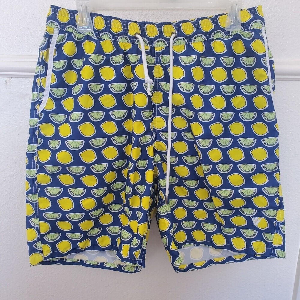 Beach Bros Mens Swim Trunks Large Navy Citrus Lemon Lime Print Mesh Lined Shorts